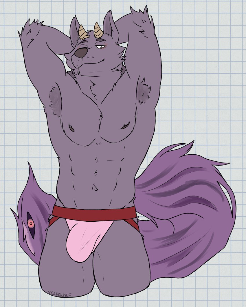 abs anthro arm_tuft armpit_hair bedroom_eyes biped blue_eyes body_hair bulge checkered checkered_background clothed clothing elbow_tuft eyebrows fluffy fluffy_tail fur hands_behind_head horn jockstrap jockstrap_only living_tail looking_down male male_anthro multicolored_body multicolored_clothing multicolored_underwear muscular muscular_anthro muscular_male narrowed_eyes navel nipples partially_clothed partially_clothed_male pattern_background pecs pink_clothing pink_jockstrap pink_underwear purple_body purple_eyebrows purple_fur purple_nipples purple_nose purple_tail raised_arms red_eyes seductive simple_background solo standing tail topless tuft underwear underwear_only unusual_anatomy unusual_tail white_background white_sclera unsafescapewolf lifewonders tokyo_afterschool_summoners bathym_(tas) canid canine canis demon mammal wolf 2024 digital_drawing_(artwork) digital_media_(artwork) hi_res portrait three-quarter_portrait