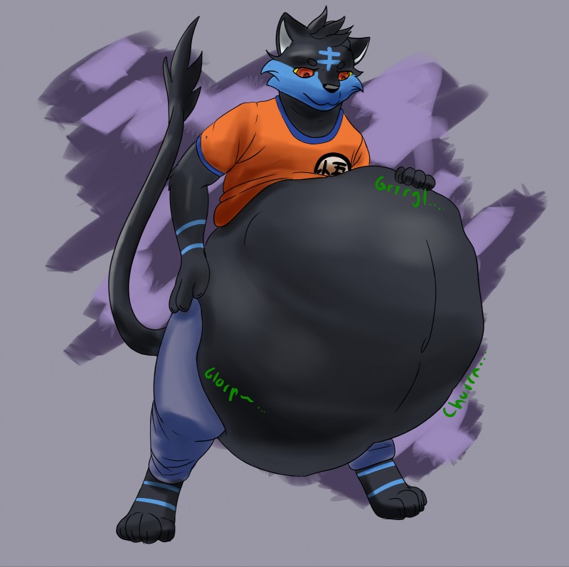 abstract_background alternate_color anthro anthrofied belly big_belly black_body black_fur blue_body blue_fur bodily_noises bottomwear churn clothed clothing death denim denim_bottomwear denim_clothing different_sound_effects digestion extended_sound_effect fatal_vore fully_clothed fur glorp jeans male male_pred onomatopoeia pants pokemorph rumbling_stomach satisfied shirt smile smirk solo sound_effect_variant sound_effects t-shirt text topwear vore vowelless vowelless_sound_effect yellow_sclera xaphelm dragon_ball nintendo pokemon fan_character gav_(sahmoothie) felid feline generation_7_pokemon litten mammal pokemon_(species) absurd_res digital_media_(artwork) hi_res