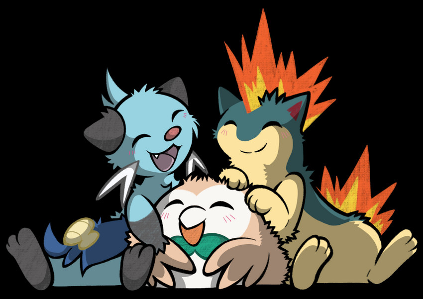 anthro blue_body blue_fur blush cuddling feathers feral fire flaming_hair flaming_mane fur group pseudo_hair pseudo_mane seashell shell sitting wings portugueselynx nintendo pokemon dewott generation_2_pokemon generation_5_pokemon generation_7_pokemon pokemon_(species) quilava rowlet alpha_channel