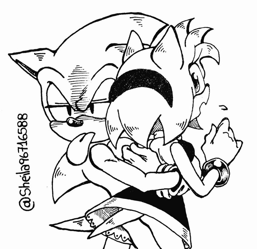 accessory anthro big_tongue bleh blowing_raspberries butt clothing dress duo female gloves hair_accessory hairband handwear hug looking_back making_faces male male/female pbbt pbbth tongue tongue_out sheila96716588 sega sonic_the_hedgehog_(series) amy_rose sonic_the_hedgehog eulipotyphlan hedgehog mammal monochrome