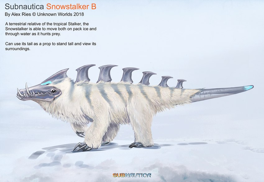 ambiguous_gender claws fangs feral fur glowing glowing_tail quadruped solo spikes striped_body striped_fur stripes tail teeth text white_body white_fur alex_ries subnautica subnautica_below_zero unknown_worlds_entertainment alien snow_stalker_(subnautica) concept_art english_text official_art