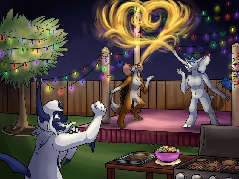 anthro barbecue breath_powers burger christmas_lights elemental_manipulation female fire fire_breathing fire_manipulation food fur group hair open_mouth pose quills_(anatomy) smile stage trunk tusks matreats nintendo pokemon satya sorane_(character) ziera absol canid canine elephant elephantid fox generation_3_pokemon hybrid mammal pholidine pokemon_(species) porcupine proboscidean rodent 4:3 hi_res