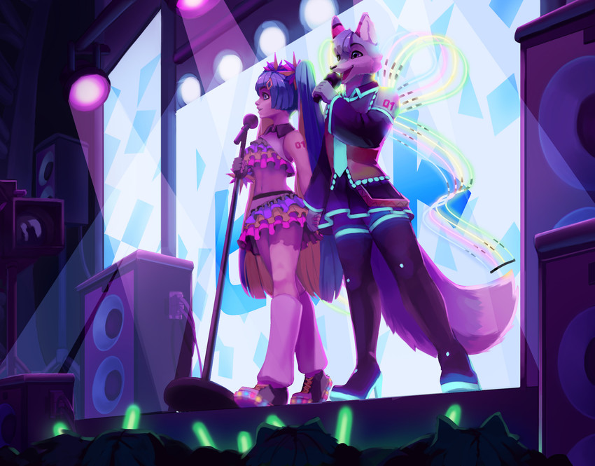 anthro blue_body blue_fur bottomwear clothed clothing cosplay countershading crop_top crossdressing crowd duo electronics female footwear fur fur_markings glowstick group hair hand_holding high_heels holding_object knee_highs knee_socks legwear long_hair male markings microphone microphone_stand navel necktie open_mouth pigtails ribbons shirt shoes singing skirt socks speaker stage stage_lights tattoo thigh_highs topwear white_body white_fur x-teeth-x project_diva vocaloid hatsune_miku roflfox canid canine fox human mammal 2020 hi_res