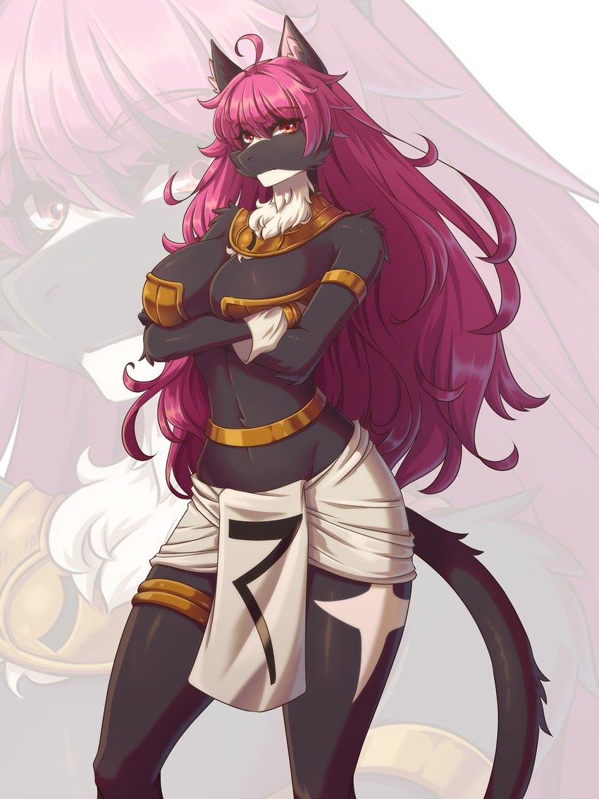 anthro armlet black_body breasts cleavage clothed clothing female fur fur_markings hair jewelry leg_markings long_hair long_tail markings midriff multicolored_body multicolored_fur pink_hair red_eyes solo tail thigh_markings thin_tail two_tone_body two_tone_fur white_body white_fur furrholic zeus_female felid feline humanoid mammal zeus_genus 2024 3:4 absurd_res digital_media_(artwork) hi_res