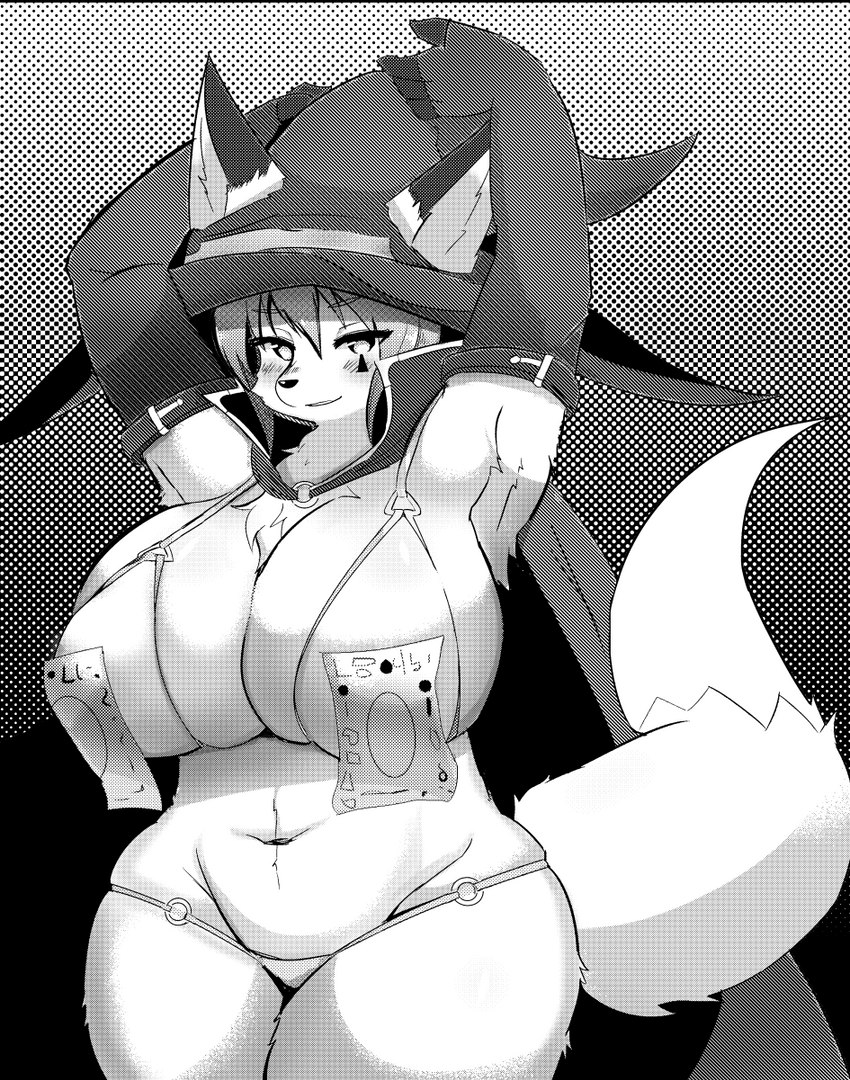 anthro big_breasts bikini blush breasts clothing curvy_figure female hat headgear headwear huge_breasts kemono looking_at_viewer mature_anthro mature_female navel ofuda ofuda_on_breast paper_seal slightly_chubby smile solo standing swimwear talisman thick_thighs two-piece_swimsuit voluptuous wide_hips kakuteki11029 canid canine fox mammal greyscale hi_res monochrome