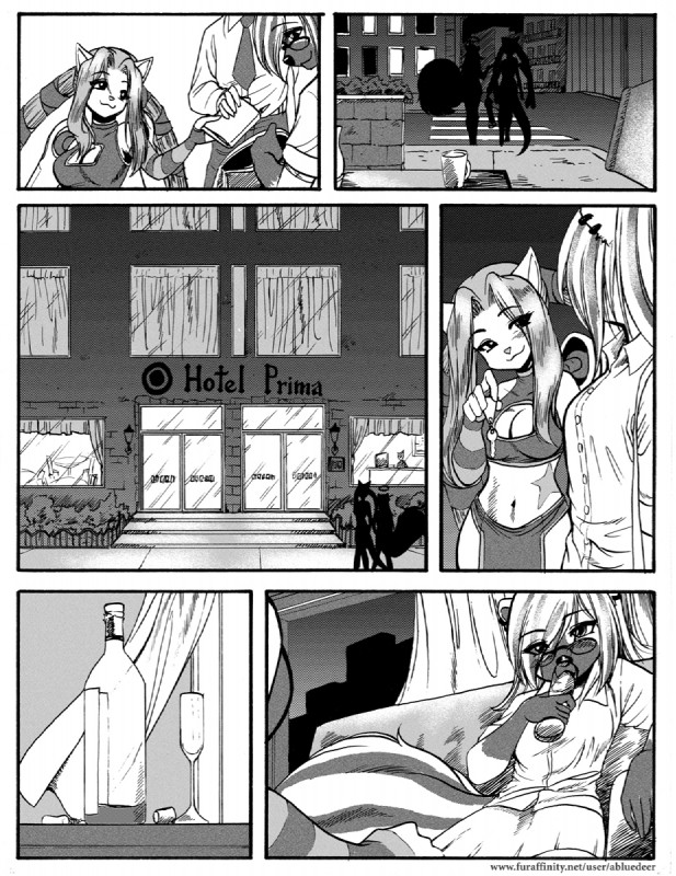 anthro eyewear female glasses halo tail abluedeer asphyxia_lemieux chaosie domestic_cat felid feline felis mammal mephitid skunk comic greyscale hi_res monochrome