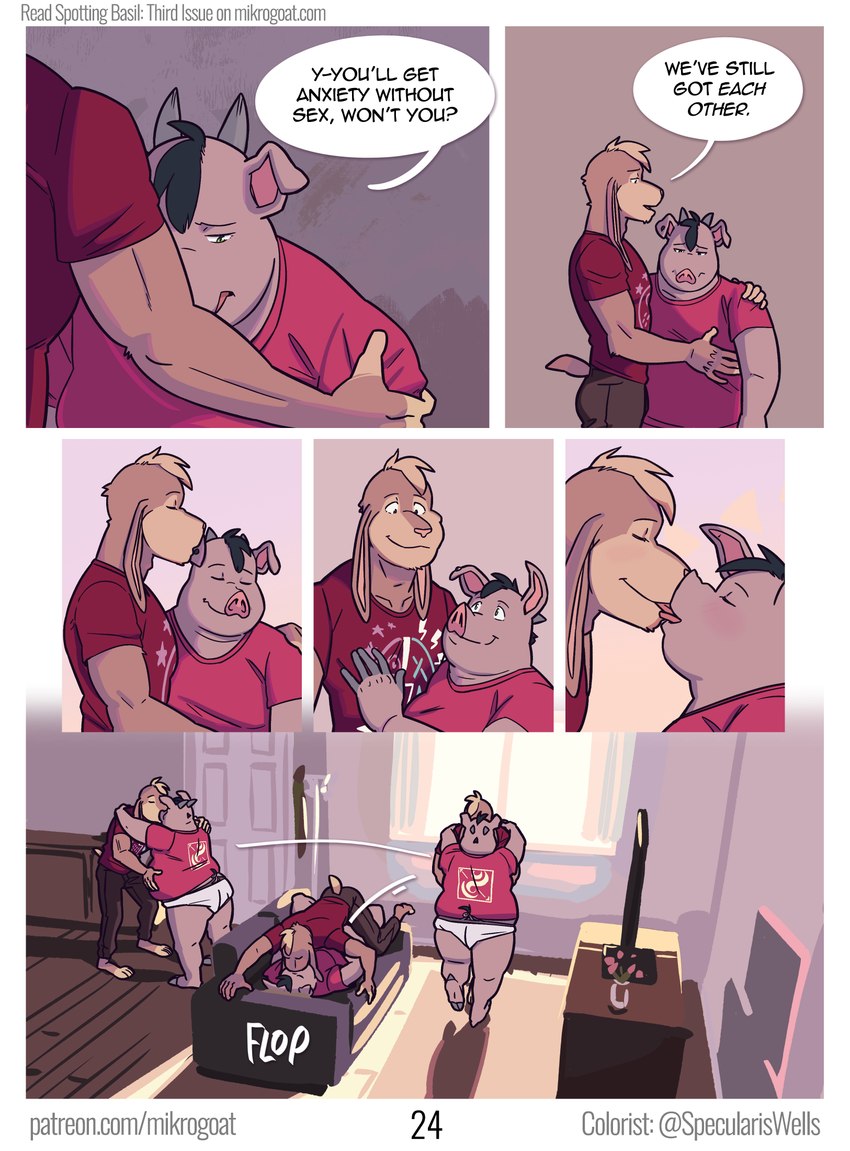 anthro clothing dialogue duo french_kissing furniture kissing living_room making_out male male/male muscular muscular_male overweight overweight_anthro overweight_male red_clothing red_shirt red_topwear shirt sofa speech_bubble topwear twunk underwear mikrogoat abe_(mikrogoat) basil_(mikrogoat) domestic_pig lagomorph leporid mammal rabbit suid suina sus_(pig) comic hi_res