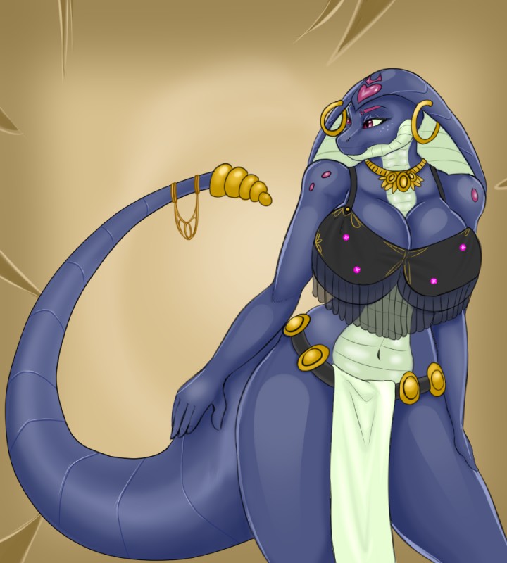 anthro belt big_breasts breasts cleavage clothed clothing female jewelry non-mammal_breasts piercing solo thick_thighs blackbetty reptile scalie snake