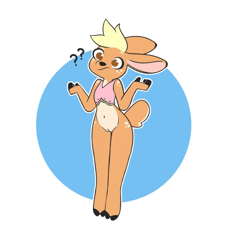 anthro blonde_hair bottomless bottomless_female breasts brown_eyes clothed clothing cloven_hooves confusion female fur genitals gesture hair hooves innie_pussy looking_at_viewer markings navel pussy question_mark shrug small_breasts solo spots spotted_body spotted_fur standing caffeinerabbit daphne_(deer) deer mammal hi_res