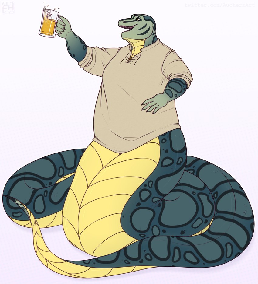 alcohol anthro beer beverage clothing green_body grey_clothing grey_shirt grey_topwear holding_beer male nails open_mouth overweight overweight_male shirt simple_background smile solo spots tail teeth topwear yellow_body yellow_eyes aucherr reptile scalie snake 2023 absurd_res hi_res