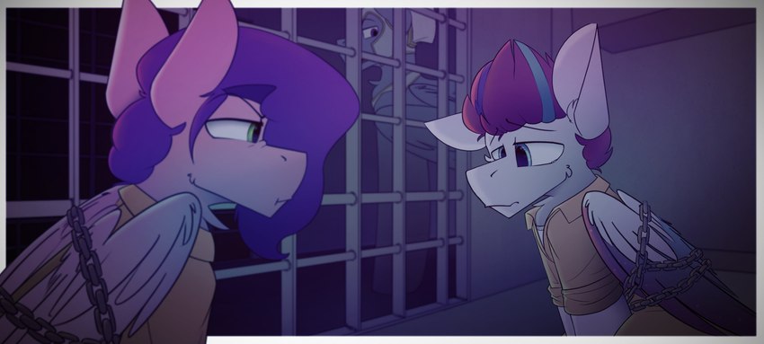 derp_eyes female feral glare group grumpy prison prison_cell prison_suit prison_uniform prisoner sad trio wings wings_tied kirbirb hasbro mlp_g5 my_little_pony my_little_pony:_a_new_generation mythology pipp_petals_(mlp) zipp_storm_(mlp) equid equine mammal mythological_creature mythological_equine pegasus absurd_res hi_res