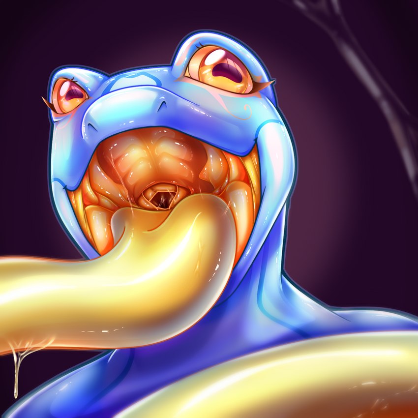 anthro blue_body blue_skin bodily_fluids detailed_mouth eyelashes female horizontal_pupils imminent_vore long_tongue mouth_shot open_mouth pupils purple_background saliva simple_background solo tongue yellow_tongue kiwikemeleon issac_(potatoflamingo) amphibian frog 1:1 bust_portrait digital_media_(artwork) hi_res portrait shaded soft_shading