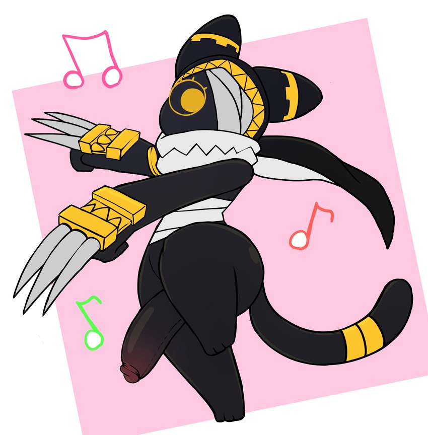 anthro balls black_body claw_(weapon) claws genitals male melee_weapon musical_note musical_symbol penis scarf simple_background solo symbol tail weapon yellow_eyes neko3240 ratatan nyandola_(ratatan) domestic_cat felid feline felis mammal hi_res