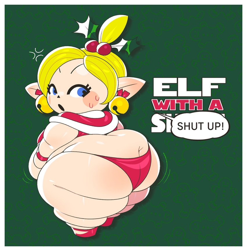 bell bell_ear_ring belly big_butt black_text blonde_hair blue_eyes blush blush_stickers border butt butt_cleavage christmas_clothing clothing dialogue eyelashes female footwear green_background hair hat headgear headwear holidays holly_(plant) humanoid_pointy_ears jingle_bell light_body light_skin not_furry obese obese_female obese_humanoid overweight overweight_female overweight_humanoid panties plant pointy_ears rear_view red_clothing red_footwear red_panties red_shoes red_text red_underwear shoes short_stack simple_background solo speech_bubble text thick_thighs underwear white_border white_text mintrimo christmas elf_on_the_shelf nintendo elf humanoid mammal mii hi_res