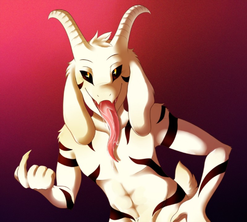 big_tongue black_sclera bodily_fluids fur horn long_ears long_tongue looking_at_viewer male markings nude saliva solo tongue tongue_fetish tongue_out white_body white_fur lewdtale undertale undertale_(series) asriel_dreemurr_(god_form) boss_monster_(undertale) bovid caprine mammal digital_media_(artwork) hi_res