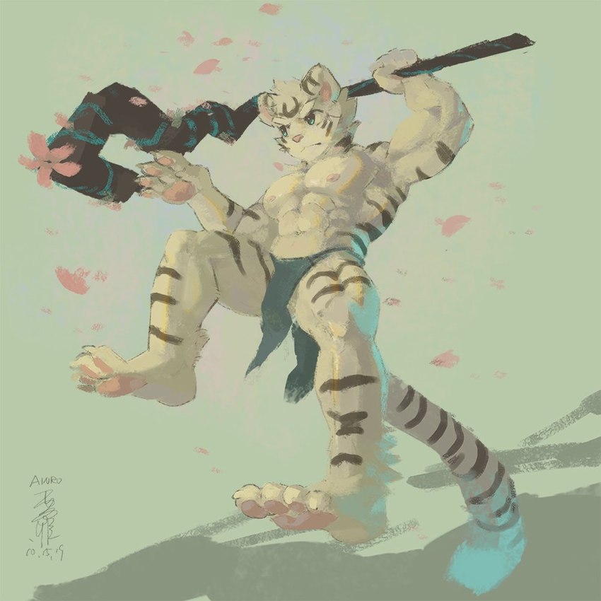 abs adolescent anthro biceps blue_eyes bottomwear clothing fur fur_markings hair kemono loincloth male markings muscular muscular_anthro muscular_male nipples paws pecs solo striped_body stripes wand white_body young ainro elysium_above guang_yuan felid mammal pantherine tiger 1:1