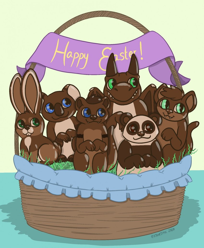 anthro basket candy chocolate container dessert easter_basket food group holidays male momakonar quelvhar unknown_artist easter mythology jesse_cat ometochtli surferotter bear domestic_cat dragon felid feline felis giant_panda hare koala lagomorph leporid mammal marsupial mythological_creature mythological_scalie rabbit scalie vombatiform hi_res