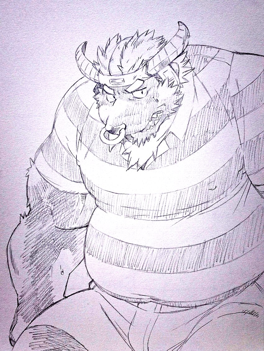 anthro belly bottomwear clothing facial_piercing horn kemono male nose_piercing nose_ring overweight overweight_male piercing ring_piercing shirt shorts simple_background solo topwear kira_nerisu bear bovid bovine cattle mammal 2014 hi_res