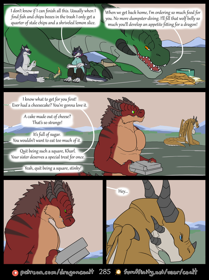 anthro barefoot black_claws black_clothing black_coat black_horn black_stripes black_topwear blue_eyes bottomwear box breasts brown_body brown_hair brown_scales claws clothed clothing coat container dialogue eating eating_food eyelashes feet female feral fluffy fluffy_tail food food_box food_pile four_frame_image fur furaffinity_logo green_body green_eyes green_scales grey_body grey_fur group hair holding_box holding_container holding_food holding_object horn larger_feral loincloth looking_at_another male membrane_(anatomy) membranous_wings multi_horn nude orange_eyes outside overbite page_number pants patreon_logo pecs pity purple_eyes ragged_clothing red_body red_eyes red_fur sad scales sitting sitting_on_ground size_difference sky speech_bubble stripes tail tan_body tan_fur text topless topless_male topwear ventral_scales wings rimentus european_mythology furaffinity mythology patreon allie_(rimentus) clessie_dreadwinter coalt kharl_(rimentus) scylla_(rimentus) squeaks_(rimentus) canid canine canis dragon furred_dragon furred_scalie kobold mammal mythological_creature mythological_scalie scalie western_dragon wingless_dragon wolf comic english_text hi_res multiple_scenes url brother_(lore) brother_and_sister_(lore) sibling_(lore) sister_(lore)