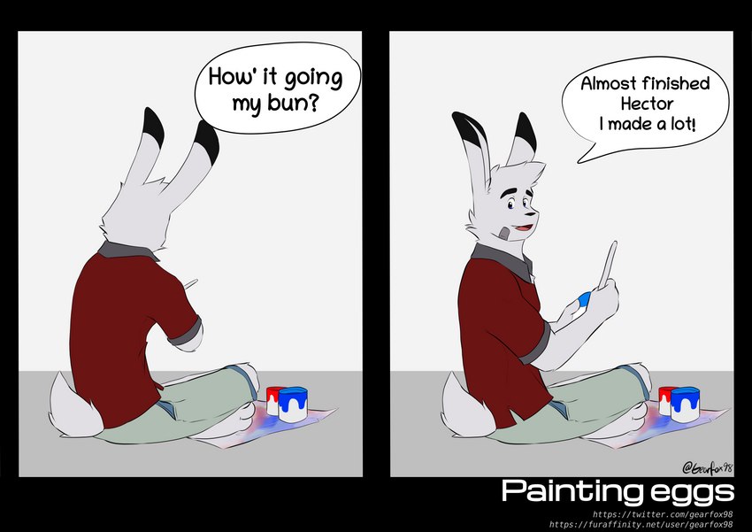 anthro band-aid bandage blue_eyes clothing dialogue easter_egg egg holidays male paint painted_eggs painting paws red_clothing solo text gearfox98 easter francis_(gearfox98) hare lagomorph leporid mammal rabbit absurd_res comic digital_media_(artwork) english_text flat_colors hi_res