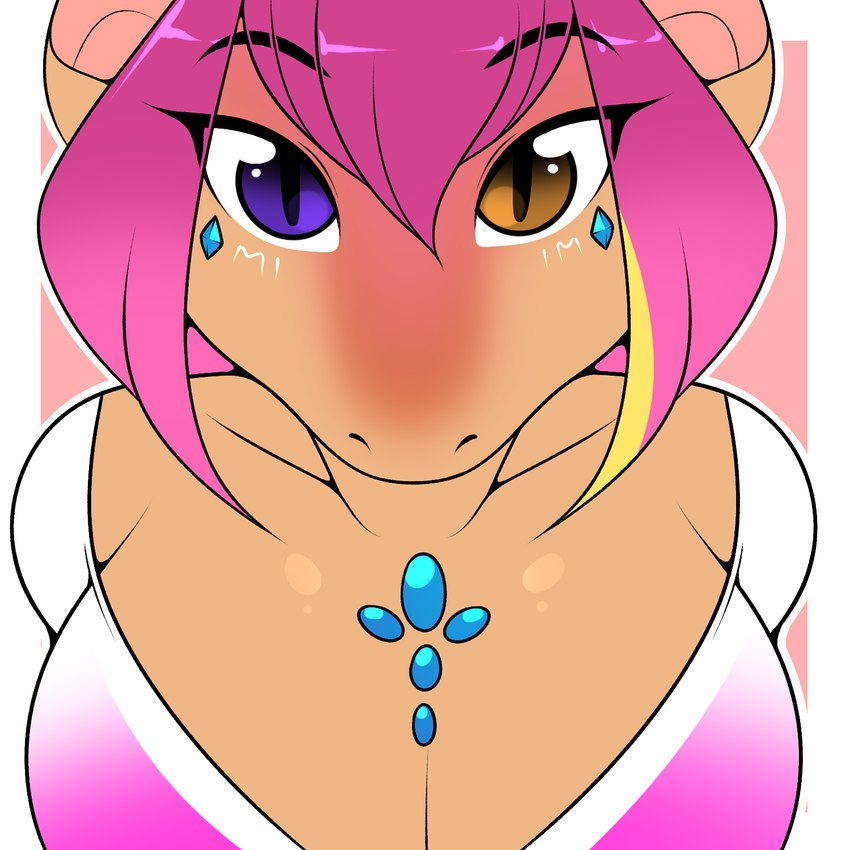 anthro blonde_hair blue_eyes breasts cleavage clothed clothing eyebrow_through_hair eyebrows eyelashes female gem hair heterochromia highlights_(coloring) looking_at_viewer orange_body orange_eyes orange_scales pupils purple_hair scales slit_pupils solo translucent translucent_hair kloudmutt mythology tophire_gemhorn dragon mythological_creature mythological_scalie scalie 1:1 2023 hi_res herm_(lore)