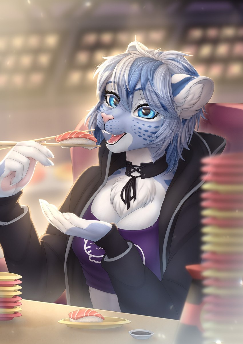 5_fingers anthro blue_eyes blue_spots blurred_background breasts chest_tuft choker clothed clothing conveyor_belt_sushi detailed_background detailed_food eating female fingers food food_on_plate fur furniture grey_body grey_fur hair hoodie inner_ear_fluff jewelry looking_at_viewer markings necklace nigiri plate restaurant sauce sitting smile solo soy_sauce spots spotted_body spotted_fur sticks sushi topwear tuft white_body white_fur ules microsoft the_elder_scrolls m'ria_(maks_hunt) felid khajiit mammal pantherine snow_leopard 2024 detailed hi_res