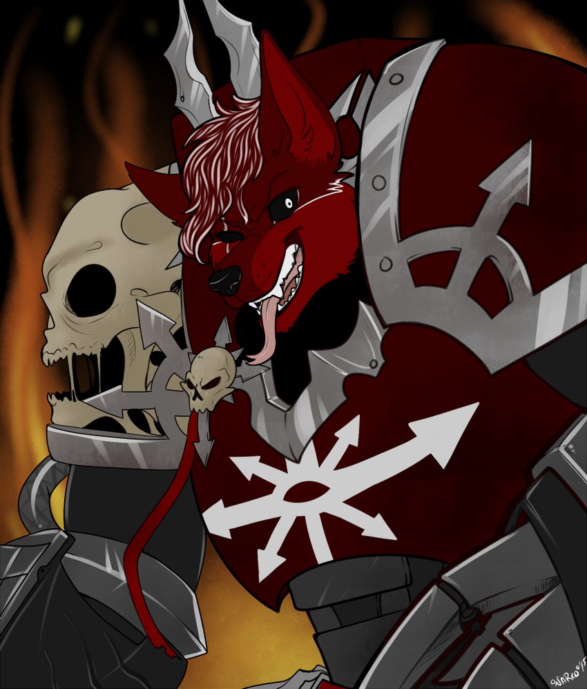 anthro armor black_sclera bone chaos_space_marine chaos_star eye_scar facial_scar fire fire_background forked_tongue horn machine male metal_horn mutation pauldron power_armor scar shoulder_pads skull solo symbol terminator_armor_(warhammer) tongue white_eyes narcotic_sprinkles warhammer_(franchise) warhammer_40000 varro canid canine canis mammal wolf