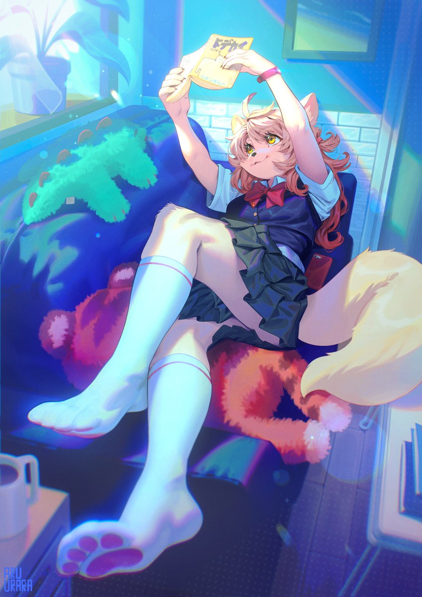 5_fingers anthro book bottomwear breasts claws clothed clothing female female_anthro finger_claws fingers footwear fur furgonomics hair holding_book holding_object kemono paw_socks plushie school_uniform skirt socks solo tail tail_through_skirt uniform aruurara ichiri_(ningenzoo) canid canine mammal 2022 digital_media_(artwork) hi_res