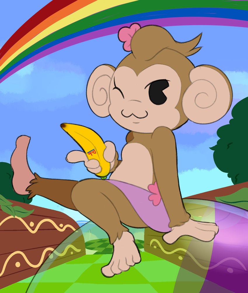 anthro banana barefoot brown_body brown_fur clothing day feet female fingers food fruit fur looking_at_viewer one_eye_closed plant rainbow sitting smile solo toes wink dose super_monkey_ball meemee haplorhine mammal monkey primate 2023 hi_res