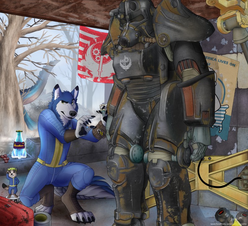 anthro armor feet flag male pip-boy text toes tools vault vault_suit fuzzycoma fallout microsoft sebastian_(okamiluver) canid canine canis deathclaw mammal scalie wolf 2018 absurd_res digital_media_(artwork) hi_res huge_filesize url