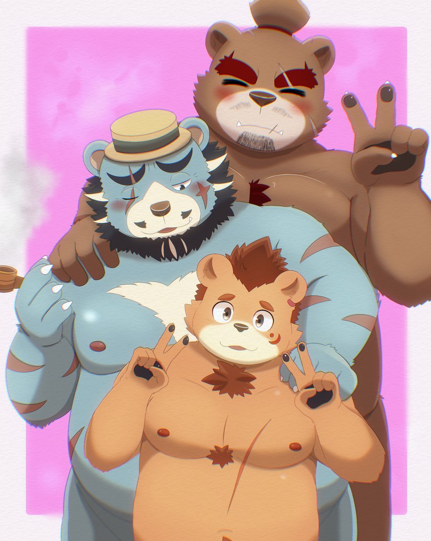 anthro blue_body brown_body clothing eyes_closed group hat headgear headwear kemono male male/male moobs nipples overweight overweight_male scar young inugamihito tamacolle monjuro_(tamacolle) oosumi_(tamacolle) bear mammal 2024 absurd_res hi_res