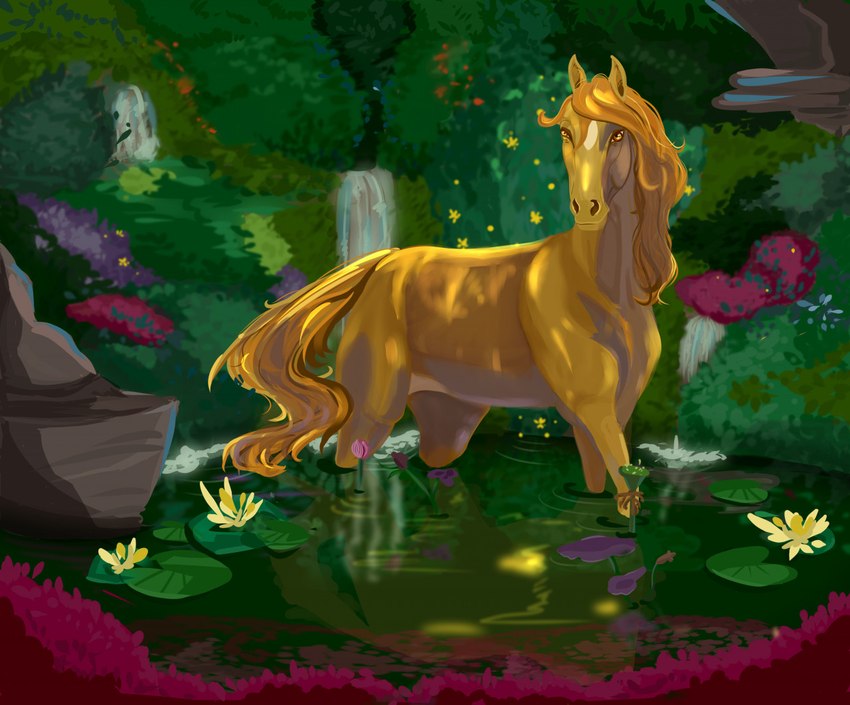 ambiguous_gender brown_eyes detailed_background facial_markings feral flower hair head_markings lily_pad looking_at_viewer markings partially_submerged plant reflection solo standing_in_water tail tan_body tan_hair tan_tail water waterfall aomamesbeast pearl_(wasen) equid equine horse mammal