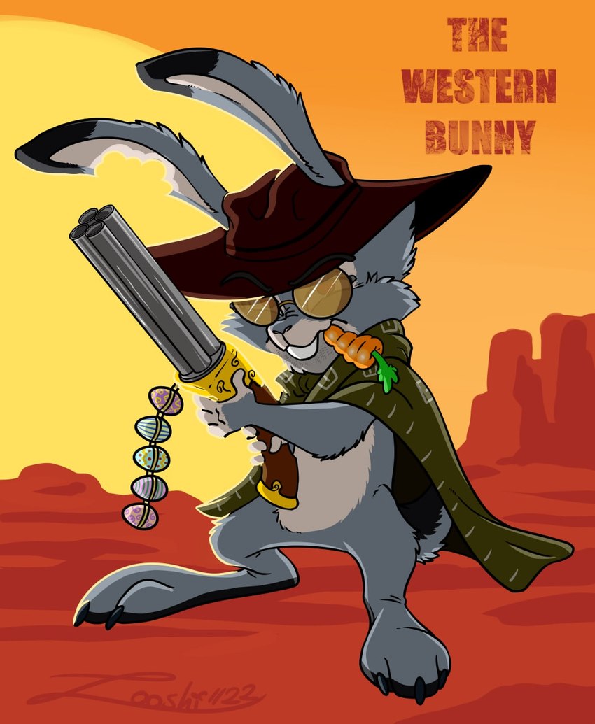 anthro clothing gun hat headgear headwear holidays humor joke machine_gun male poncho ranged_weapon solo the_western_bunny weapon western wordplay zooshi easter lagomorph leporid mammal rabbit hi_res