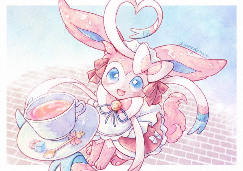 beverage blue_eyes blush bow_(anatomy) clothing cutlery fangs female feral fur kitchen_utensils looking_at_viewer maid_hat maid_uniform multicolored_body open_mouth paws pink_body pink_fur ribbons_(anatomy) sitting solo spoon sugar sugar_cube tea teeth tools uniform remedy0308 nintendo pokemon eeveelution generation_6_pokemon pokemon_(species) sylveon 2025 hi_res signature