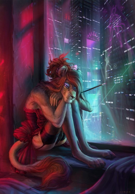 anthro bulge city clothed clothing crossdressing fur hair male neon science_fiction smoke solo lenika fyacin felid lion mammal pantherine 2019 digital_media_(artwork) hi_res