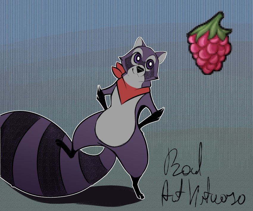 anthro food fruit male mostly_nude plant scarf scarf_only simple_background solo badartvirtuoso indigo_park rambley_raccoon mammal procyonid raccoon 6:5 absurd_res hi_res