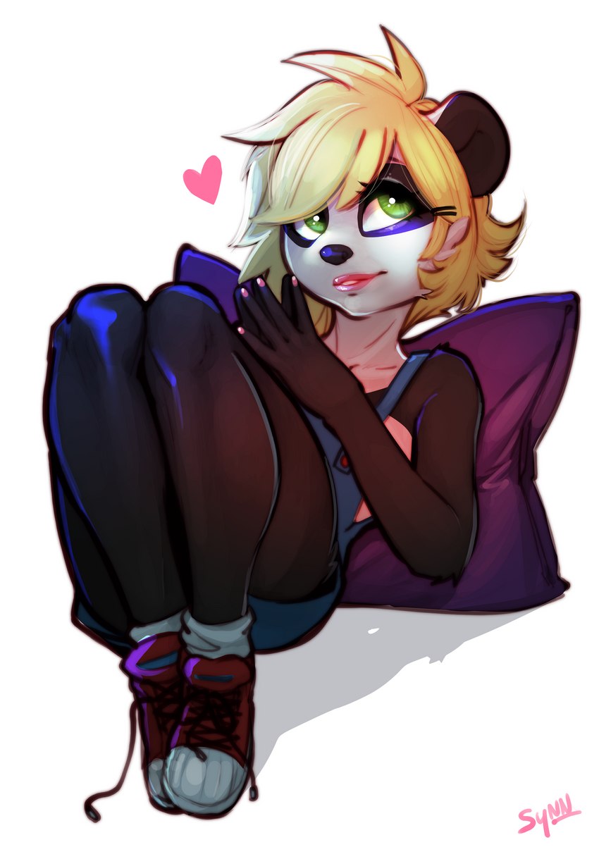 anthro black_nose blonde_hair clothing colored_nails female footwear green_eyes hair heart_symbol looking_up nails pillow pink_nails shoes simple_background sitting smile solo white_background synnfultiger bear giant_panda mammal 2021 absurd_res hi_res