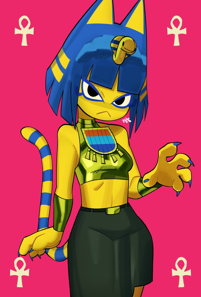 5_fingers :< >:< ankh anthro armor bangs belt blue_claws blue_ears blue_finger_claws blue_hair bob_cut bottomwear breasts bright_colors claws clothed clothed_anthro clothed_female clothing female female_anthro finger_claws fingers front_view fur gold_(metal) gold_armlet hair looking_at_viewer markings midriff mouth_closed narrowed_eyes noseless pink_background simple_background small_breasts striped_markings striped_tail stripes tail tail_markings uraeus vambrace yellow_body yellow_face yellow_fur yellow_inner_ear amiokay animal_crossing nintendo ankha_(animal_crossing) domestic_cat felid feline felis mammal 2024 absurd_res digital_drawing_(artwork) digital_media_(artwork) hi_res portrait three-quarter_portrait