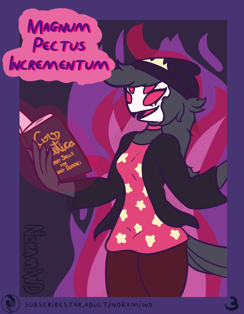 anthro book bookshelf clothed clothing feathers female furniture headgear headwear magic magic_user simple_background solo spell spellbook nokamiwd helluva_boss octavia_(helluva_boss) avian bird owl owl_demon absurd_res comic hi_res