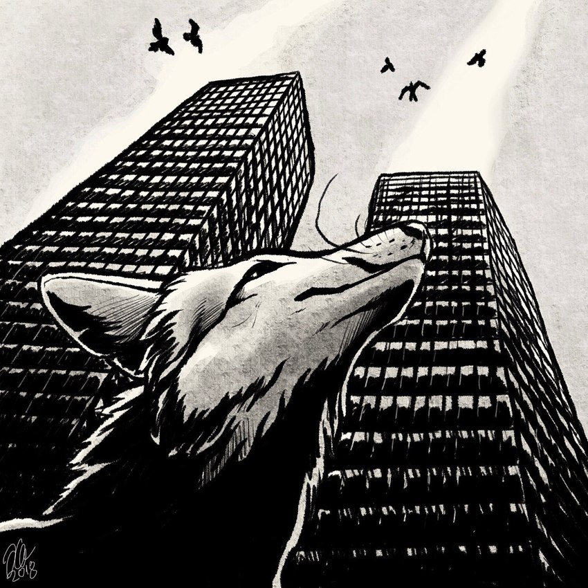 ambiguous_gender building city detailed_background feral group low-angle_view sky solo_focus whiskers world_trade_center kippycube avian bird canid canine fox mammal 1:1 2018 hi_res monochrome