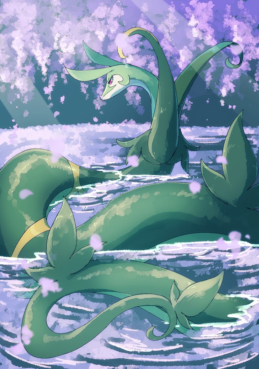 ambiguous_feral ambiguous_gender apode cherry_blossom detailed_background eyelashes feral flower green_body green_ears green_skin green_tail legless light light_beam outside partially_submerged plant pond prunus_(flower) red_eyes serpentine side_view solo sunbeam sunlight swimming tail tree water ohayou_milk nintendo pokemon draconcopode generation_5_pokemon pokemon_(species) reptile scalie serperior 2024 absurd_res colored digital_media_(artwork) full-length_portrait hi_res portrait shaded signature