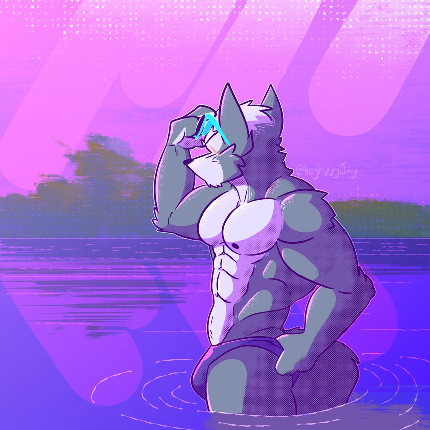 abs anthro bulge clothed clothing eyewear fur grey_body grey_fur male muscular muscular_anthro muscular_male nipples pecs solo speedo speedo_only swimwear tail topless fizzyjay nintendo star_fox wolf_o'donnell canid canine canis mammal wolf 1:1 digital_media_(artwork) hi_res