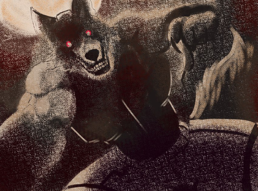 anthro barazoku claws clothed clothing creepy creepy_face creepy_smile evil_face evil_grin evil_look finger_claws male moon muscular muscular_anthro muscular_male perspective red_eyes smile smiling_at_viewer solo tail teeth pinumontbalou epic_games fortnite wendell_(fortnite) canid canine canis mammal wolf absurd_res hi_res