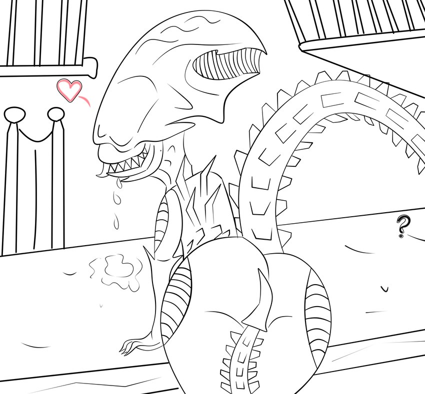 acid anthro big_butt big_head butt chair dangerous exhibitionism female furniture happy long_tail looking_at_viewer queen royalty sharp_tail simple_background solo spikes spikes_(anatomy) table tail pekisart alien_(franchise) alien_queen alien mammal xenomorph 2024 absurd_res digital_drawing_(artwork) digital_media_(artwork) hi_res monochrome