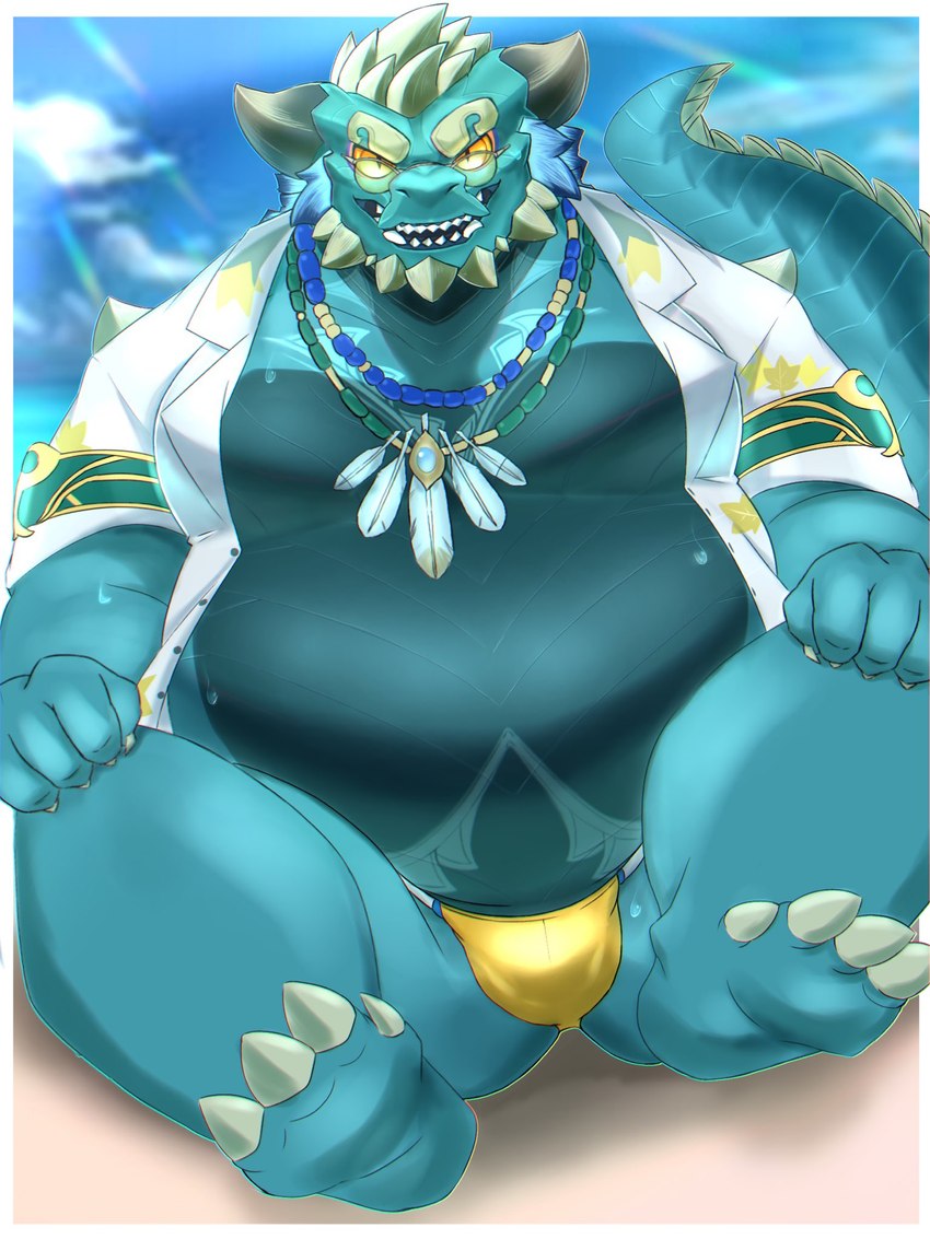 anthro beach belly bulge claws clothed clothing dress_shirt eyebrows eyewear jewelry male musclegut muscular necklace open_clothing open_shirt open_topwear pecs sand seaside shirt sitting solo speedo sunglasses swimwear tail thick_eyebrows topwear yamacon0105 lifewonders mythology tokyo_afterschool_summoners cipactli_(tas) dragon mythological_creature mythological_scalie scalie 3:4 hi_res