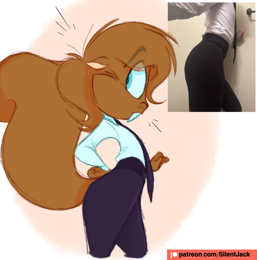 anthro big_tail blue_eyes brown_body brown_fur brown_hair buckteeth clothing collared_shirt dress_shirt eyebrows fur hair hand_on_hip looking_at_viewer male necktie pose shirt solo tail teeth text topwear translucent translucent_hair silentjack patreon nathan_gottbehuet mammal rodent sciurid tree_squirrel hi_res photography_(artwork) url