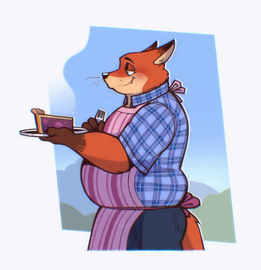 anthro apron biped clothed clothing cutlery eating food fork fur half-closed_eyes holding_food holding_object kitchen_utensils love_handles male narrowed_eyes orange_body orange_fur outside overweight overweight_anthro overweight_male pastry pattern_clothing pie plaid plaid_clothing smile solo standing tools soulfullhyena disney zootopia gideon_grey nick_wilde canid canine fox mammal red_fox true_fox 2024 hi_res