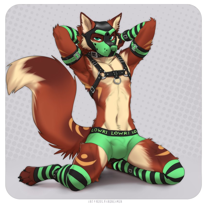 4_toes animal_mask anthro brown_body brown_fur bulge clothed clothing digitigrade feet fur green_eyes harness kneeling legwear male mask pup_mask solo tail thigh_highs toes underwear koul canid canine fox mammal 2023 digital_media_(artwork)