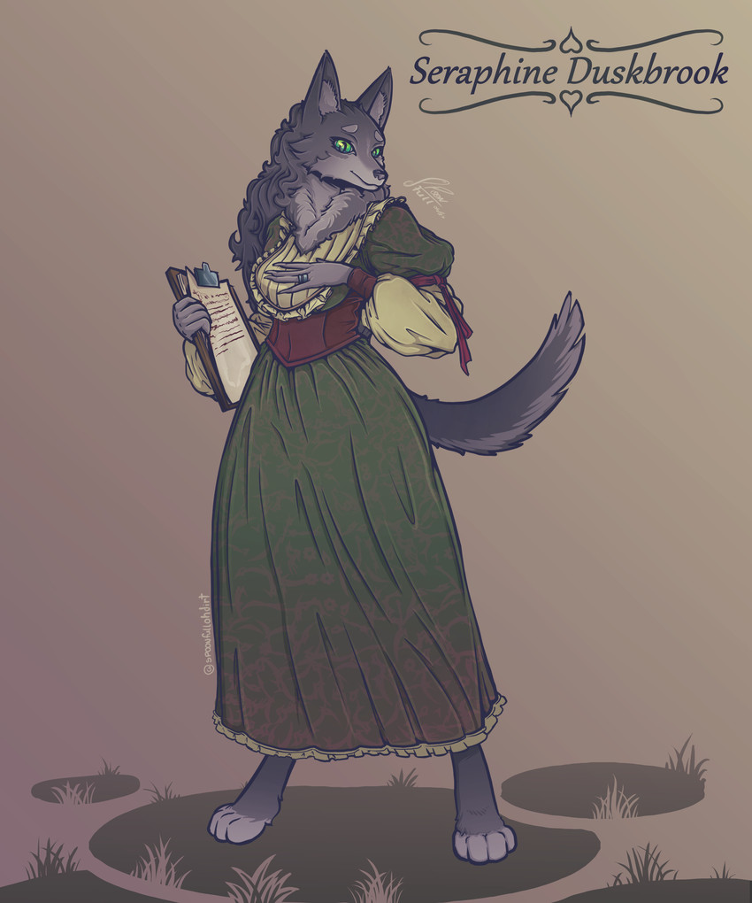 anthro clipboard clothed clothing corset dress elegant elegant_dress fantasy female fur green_clothing green_eyes grey_body grey_fur lingerie medieval medieval_clothing medieval_fantasy simple_background solo topwear spoonfullofdirt dungeons_and_dragons hasbro wizards_of_the_coast canid canine canis mammal wolf 5:6 absurd_res hi_res herm_(lore)