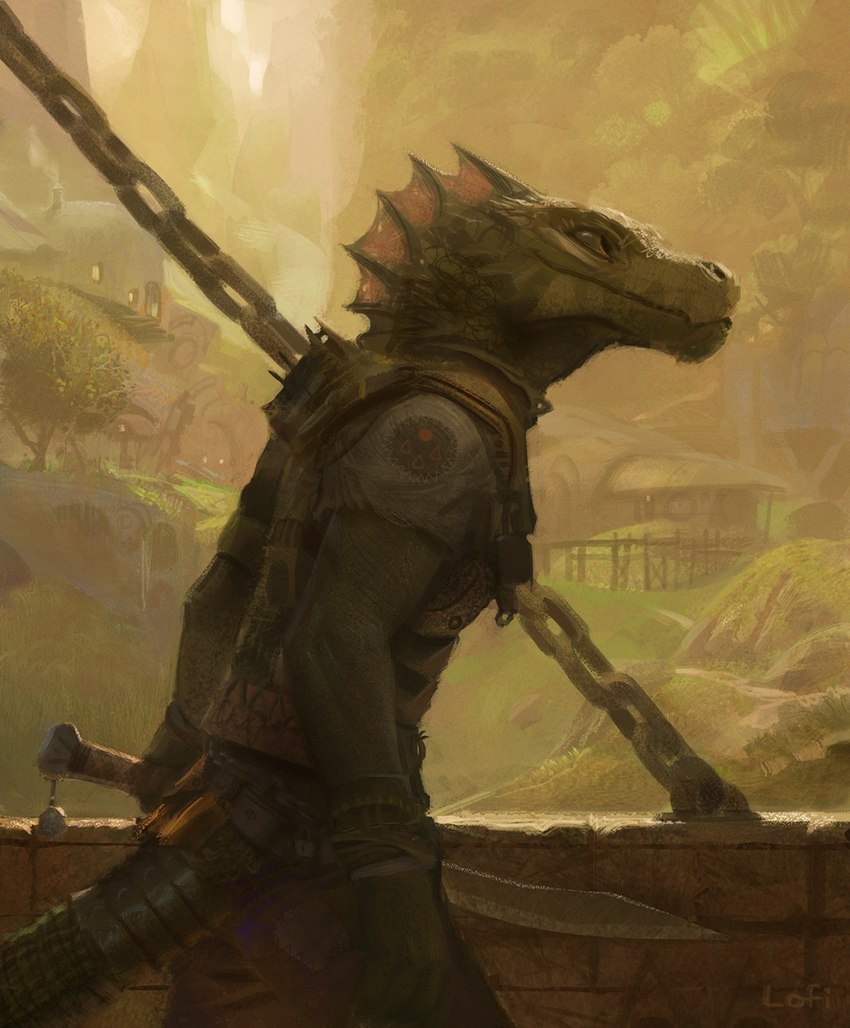 anthro clothed clothing detailed_background frill_(anatomy) green_body green_scales head_crest head_frill long_mouth male melee_weapon membrane_(anatomy) membranous_frill outside scales side_view solo sword weapon yellow_eyes lofi lizard reptile scalie unknown_species 2018 hi_res